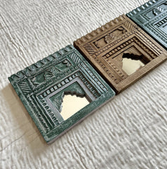 Mehrab Hand Carved Indian Solid Wood Temple Mirror Wall Decor Set of 3