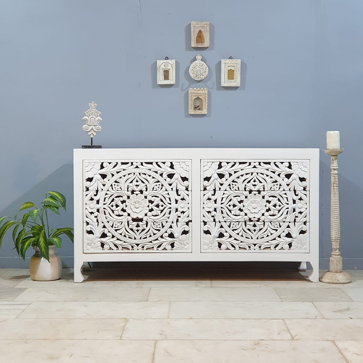 Urban Loft Handmade Solid Mango Wood Carved Chest of Drawers 149x46×82 White