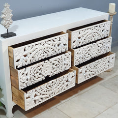 Urban Loft Handmade Solid Mango Wood Carved Chest of Drawers 149x46×82 White