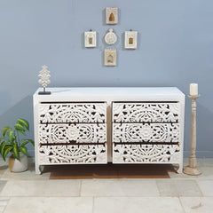 Urban Loft Handmade Solid Mango Wood Carved Chest of Drawers 149x46×82 White