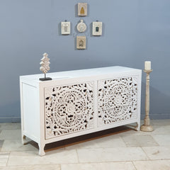 Urban Loft Handmade Solid Mango Wood Carved Chest of Drawers 149x46×82 White