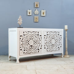 Urban Loft Handmade Solid Mango Wood Carved Chest of Drawers 149x46×82 White