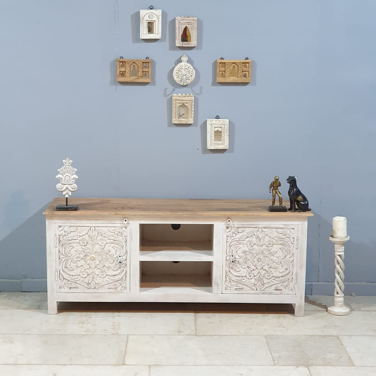 Carved Oasis Hand Carved Mango Wood 2 Doors TV Unit in All White 150X40X60 Cm