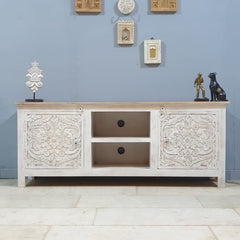 Carved Oasis Hand Carved Mango Wood 2 Doors TV Unit in All White 150X40X60 Cm