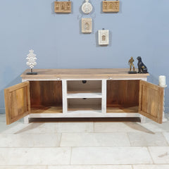 Carved Oasis Hand Carved Mango Wood 2 Doors TV Unit in All White 150X40X60 Cm