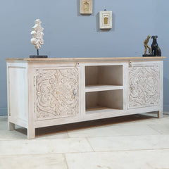 Carved Oasis Hand Carved Mango Wood 2 Doors TV Unit in All White 150X40X60 Cm