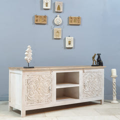 Carved Oasis Hand Carved Mango Wood 2 Doors TV Unit in All White 150X40X60 Cm