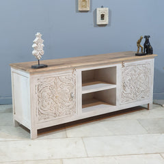 Carved Oasis Hand Carved Mango Wood 2 Doors TV Unit in All White 150X40X60 Cm