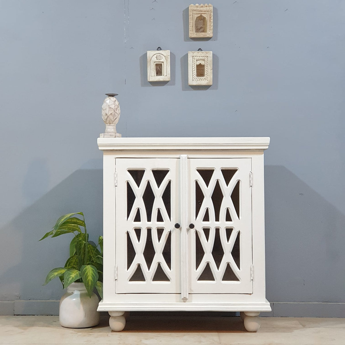 French Arched Glass Door Solid Wood Cabinet 80x40x90 Cm White