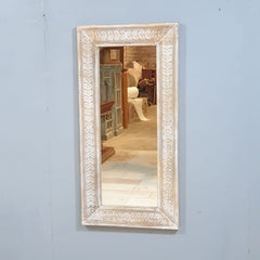 Hand-Carved Whitewash Wooden Wall Mirror – Rustic Decorative Full Length Mirror | Farmhouse Boho Bedroom Entryway Decor