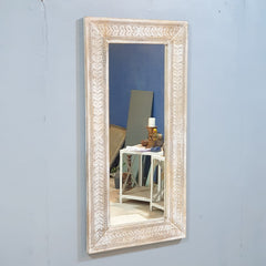 Hand-Carved Whitewash Wooden Wall Mirror – Rustic Decorative Full Length Mirror | Farmhouse Boho Bedroom Entryway Decor