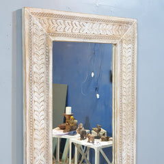 Hand-Carved Whitewash Wooden Wall Mirror – Rustic Decorative Full Length Mirror | Farmhouse Boho Bedroom Entryway Decor