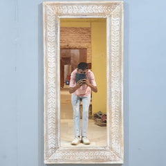 Hand-Carved Whitewash Wooden Wall Mirror – Rustic Decorative Full Length Mirror | Farmhouse Boho Bedroom Entryway Decor