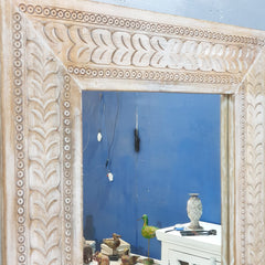 Hand-Carved Whitewash Wooden Wall Mirror – Rustic Decorative Full Length Mirror | Farmhouse Boho Bedroom Entryway Decor