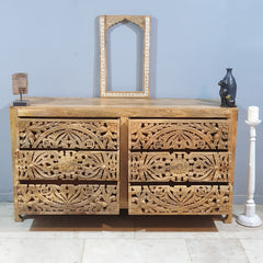 Indian Hand Carved Solid Wood Chest of Drawer Natural D47
