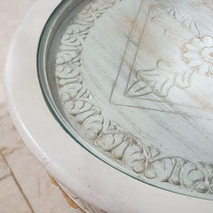 Hand Carved Indian Solid Wood Round Top Glass Coffee Table 60X60X45 cm