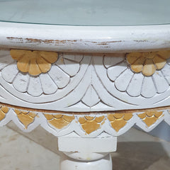 Hand Carved Indian Solid Wood Round Top Glass Coffee Table 60X60X45 cm
