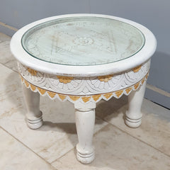 Hand Carved Indian Solid Wood Round Top Glass Coffee Table 60X60X45 cm