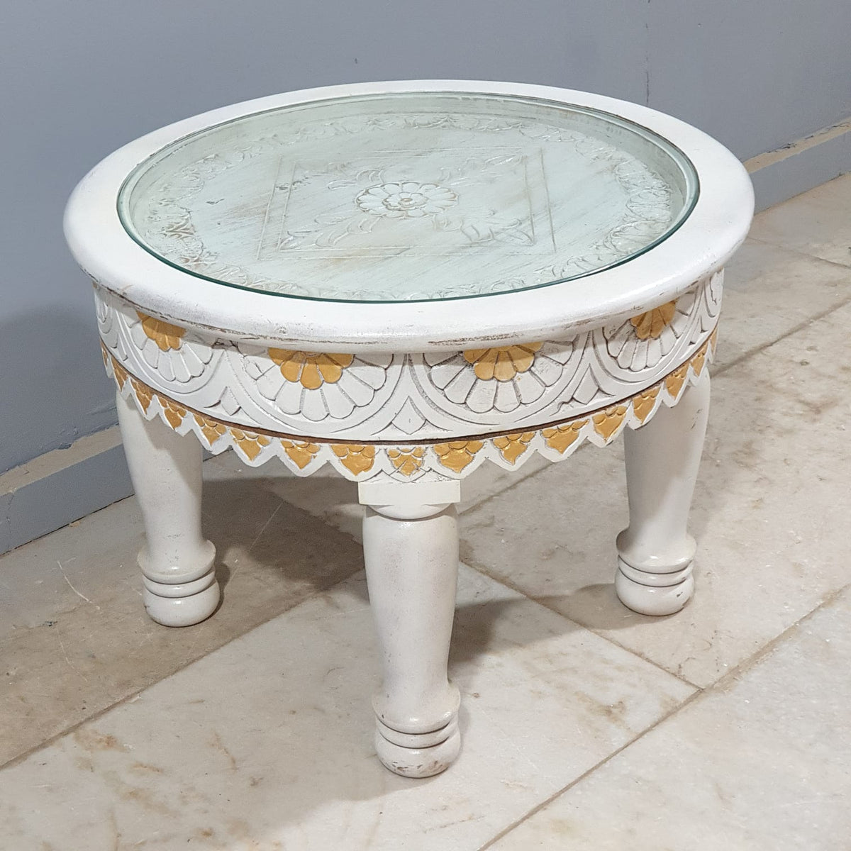 Hand Carved Indian Solid Wood Round Top Glass Coffee Table 60X60X45 cm