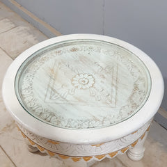 Hand Carved Indian Solid Wood Round Top Glass Coffee Table 60X60X45 cm
