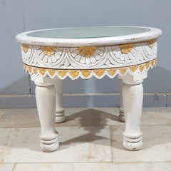 Hand Carved Indian Solid Wood Round Top Glass Coffee Table 60X60X45 cm