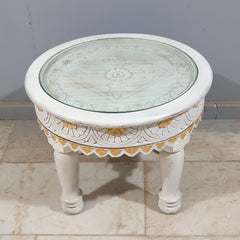 Hand Carved Indian Solid Wood Round Top Glass Coffee Table 60X60X45 cm