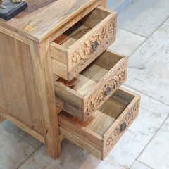 Indian Antique Tribal Hand Carved Art Solid Wooden Bedside With Drawers Natural 40X40X65CM