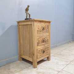 Indian Antique Tribal Hand Carved Art Solid Wooden Bedside With Drawers Natural 40X40X65CM