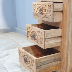 Indian Antique Tribal Hand Carved Art Solid Wooden Bedside With Drawers Natural 40X40X65CM