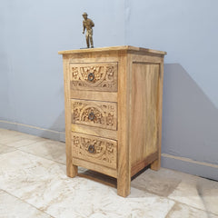 Indian Antique Tribal Hand Carved Art Solid Wooden Bedside With Drawers Natural 40X40X65CM