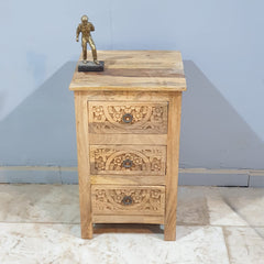 Indian Antique Tribal Hand Carved Art Solid Wooden Bedside With Drawers Natural 40X40X65CM