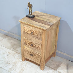Indian Antique Tribal Hand Carved Art Solid Wooden Bedside With Drawers Natural 40X40X65CM