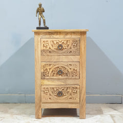 Indian Antique Tribal Hand Carved Art Solid Wooden Bedside With Drawers Natural 40X40X65CM
