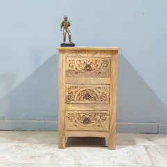 Indian Antique Tribal Hand Carved Art Solid Wooden Bedside With Drawers Natural 40X40X65CM
