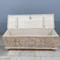 Dynasty French Hand Carved Blanket Box Whitewash Rustic C22