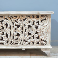 Dynasty French Hand Carved Blanket Box Whitewash Rustic C22