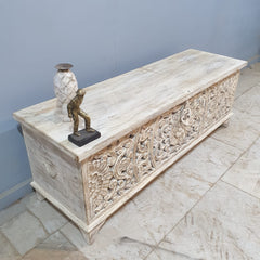 Dynasty French Hand Carved Blanket Box Whitewash Rustic C22