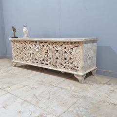 Dynasty French Hand Carved Blanket Box Whitewash Rustic C22