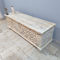 Dynasty French Hand Carved Blanket Box Whitewash Rustic C22