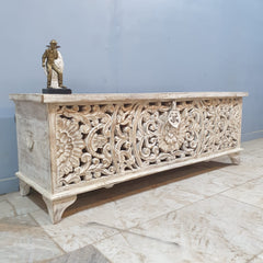 Dynasty French Hand Carved Blanket Box Whitewash Rustic C22