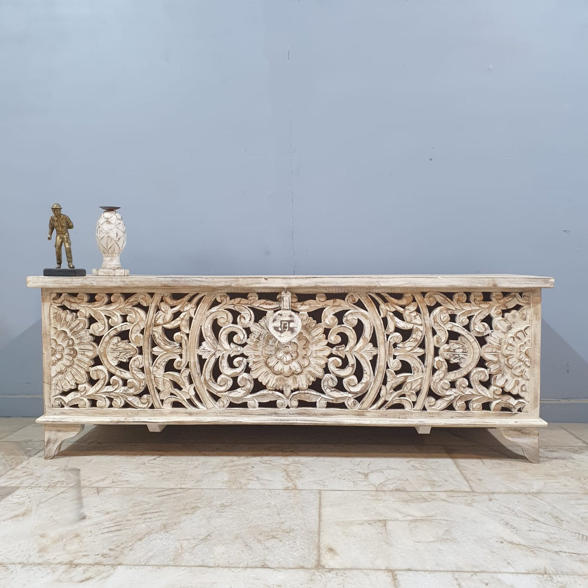 Dynasty French Hand Carved Blanket Box Whitewash Rustic C22