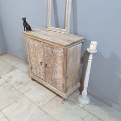 Indian Furniture Hand Carved Solid Wood Cabinet 90x40x90 Cm Whitewash
