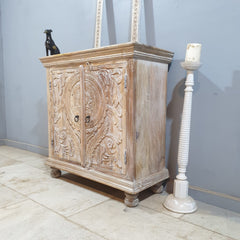 Indian Furniture Hand Carved Solid Wood Cabinet 90x40x90 Cm Whitewash