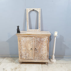 Indian Furniture Hand Carved Solid Wood Cabinet 90x40x90 Cm Whitewash