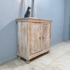 Indian Furniture Hand Carved Solid Wood Cabinet 90x40x90 Cm Whitewash