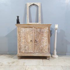 Indian Furniture Hand Carved Solid Wood Cabinet 90x40x90 Cm Whitewash