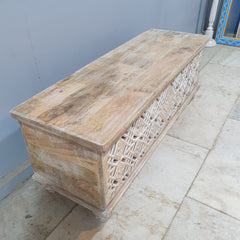 Handmade Indian Furniture Solid Hard Wood Carved Blanket Box 120x40x45 Cm Whitewash
