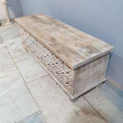 Handmade Indian Furniture Solid Hard Wood Carved Blanket Box 120x40x45 Cm Whitewash