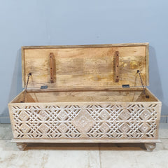 Handmade Indian Furniture Solid Hard Wood Carved Blanket Box 120x40x45 Cm Whitewash