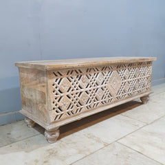 Handmade Indian Furniture Solid Hard Wood Carved Blanket Box 120x40x45 Cm Whitewash